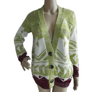 Mudd Cardigan Sweater Womens Junior XL Aztec Button Green Burgundy & Off-White